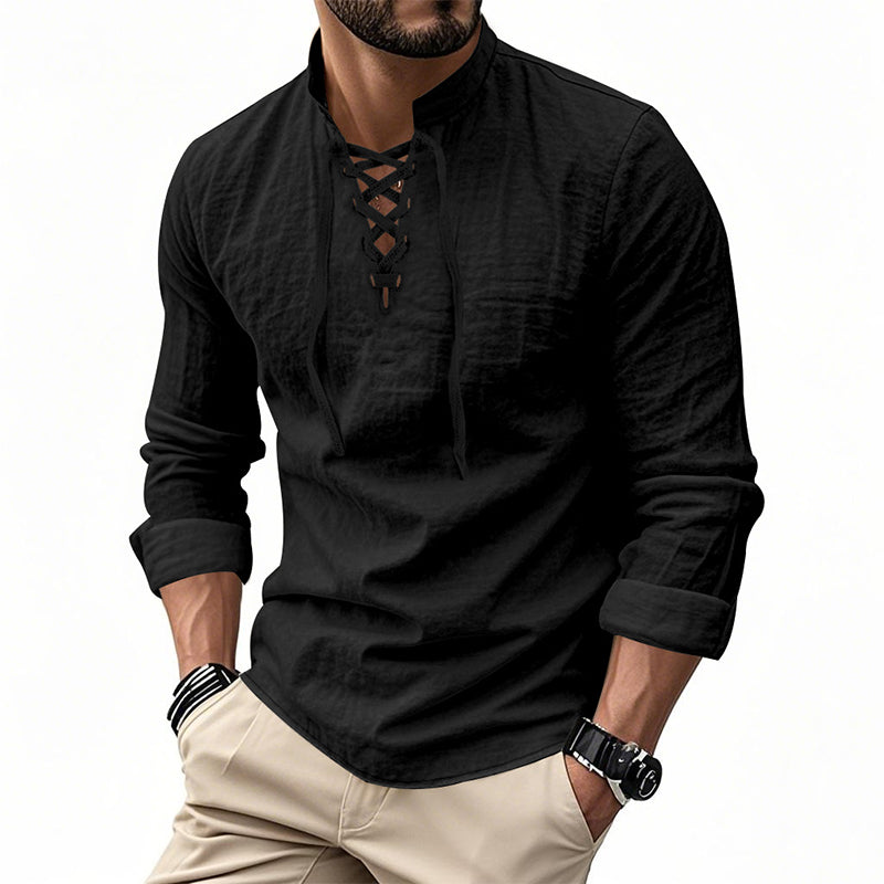 🔥Oferta Limitada🔥 Camisa Hombre Mezcla Algodón – Cuello Mao con Cordón, Transpirable, Puños Abotonados, Estilo Hippie Playa