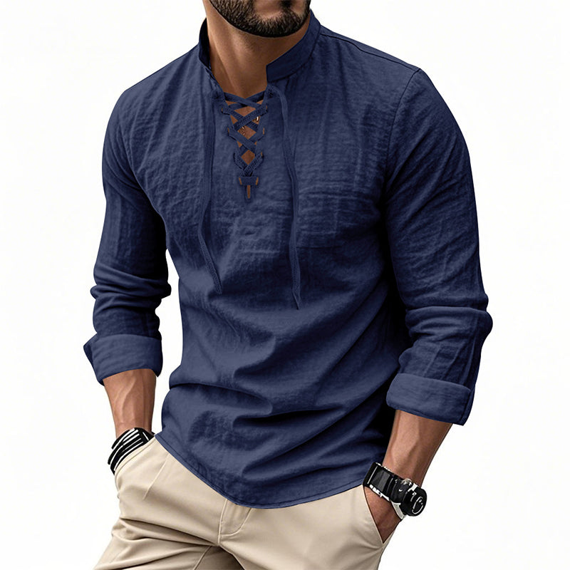 🔥Oferta Limitada🔥 Camisa Hombre Mezcla Algodón – Cuello Mao con Cordón, Transpirable, Puños Abotonados, Estilo Hippie Playa