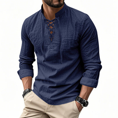 🔥Oferta Limitada🔥 Camisa Hombre Mezcla Algodón – Cuello Mao con Cordón, Transpirable, Puños Abotonados, Estilo Hippie Playa