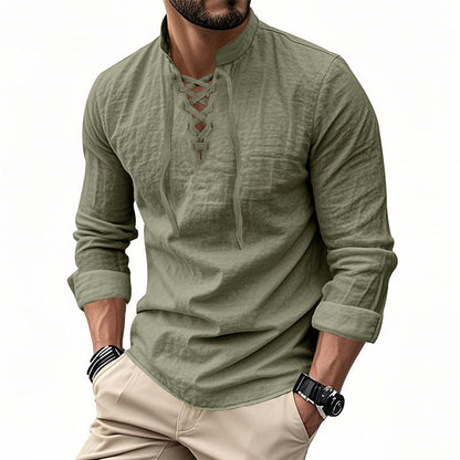 🔥Oferta Limitada🔥 Camisa Hombre Mezcla Algodón – Cuello Mao con Cordón, Transpirable, Puños Abotonados, Estilo Hippie Playa