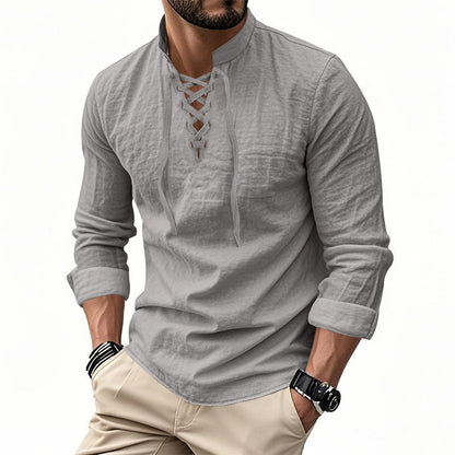 🔥Oferta Limitada🔥 Camisa Hombre Mezcla Algodón – Cuello Mao con Cordón, Transpirable, Puños Abotonados, Estilo Hippie Playa