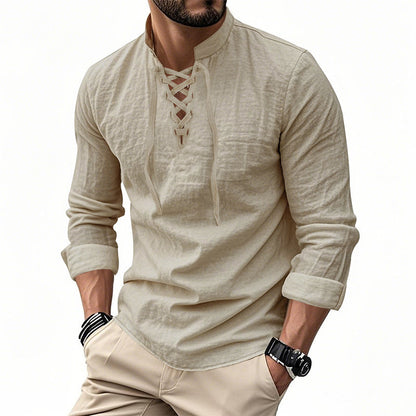🔥Oferta Limitada🔥 Camisa Hombre Mezcla Algodón – Cuello Mao con Cordón, Transpirable, Puños Abotonados, Estilo Hippie Playa