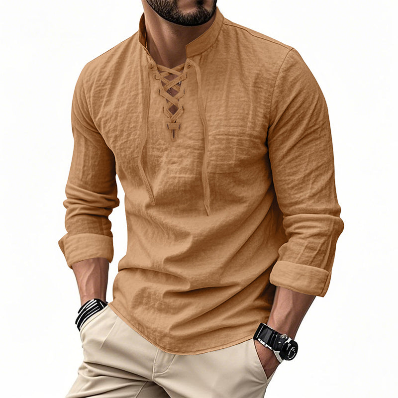 🔥Oferta Limitada🔥 Camisa Hombre Mezcla Algodón – Cuello Mao con Cordón, Transpirable, Puños Abotonados, Estilo Hippie Playa