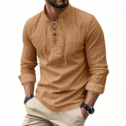 🔥Oferta Limitada🔥 Camisa Hombre Mezcla Algodón – Cuello Mao con Cordón, Transpirable, Puños Abotonados, Estilo Hippie Playa
