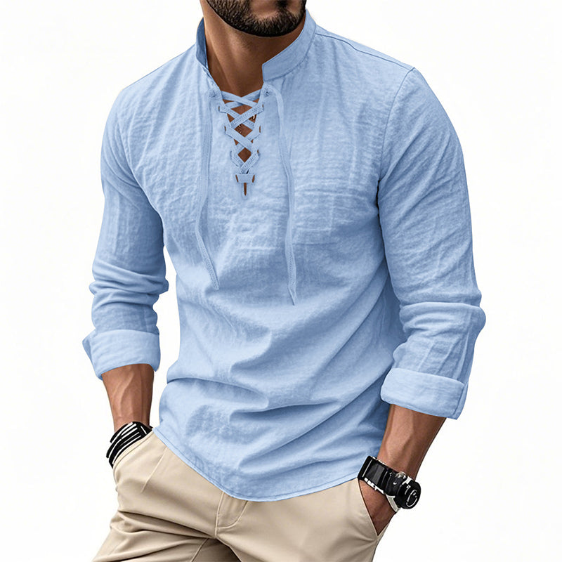 🔥Oferta Limitada🔥 Camisa Hombre Mezcla Algodón – Cuello Mao con Cordón, Transpirable, Puños Abotonados, Estilo Hippie Playa
