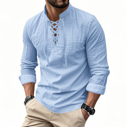 🔥Oferta Limitada🔥 Camisa Hombre Mezcla Algodón – Cuello Mao con Cordón, Transpirable, Puños Abotonados, Estilo Hippie Playa