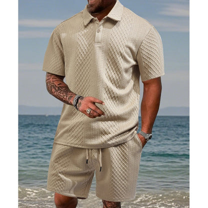 Conjunto de dos piezas para hombre con rombos: camisa manga corta con cuello y short cordón ajustable