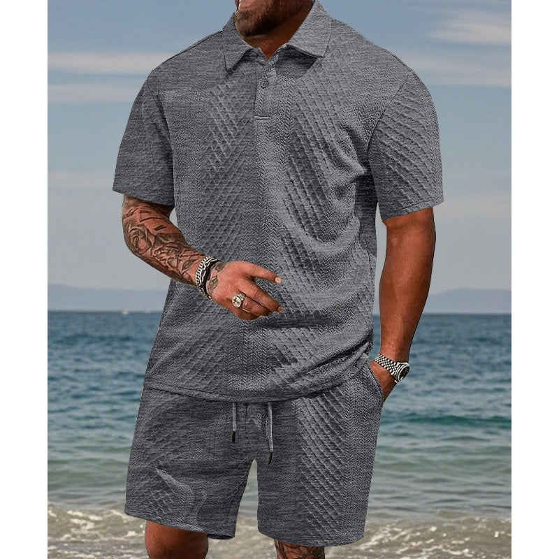 Conjunto de dos piezas para hombre con rombos: camisa manga corta con cuello y short cordón ajustable