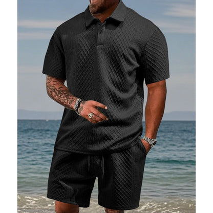 Conjunto de dos piezas para hombre con rombos: camisa manga corta con cuello y short cordón ajustable