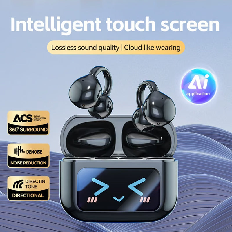 Auriculares inalámbricos de conducción ósea con clip para la oreja y pantalla táctil.