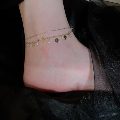 Double Layer Faux Diamond Heart Anklet