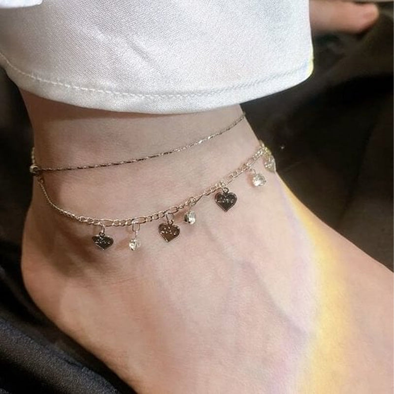 Double Layer Faux Diamond Heart Anklet