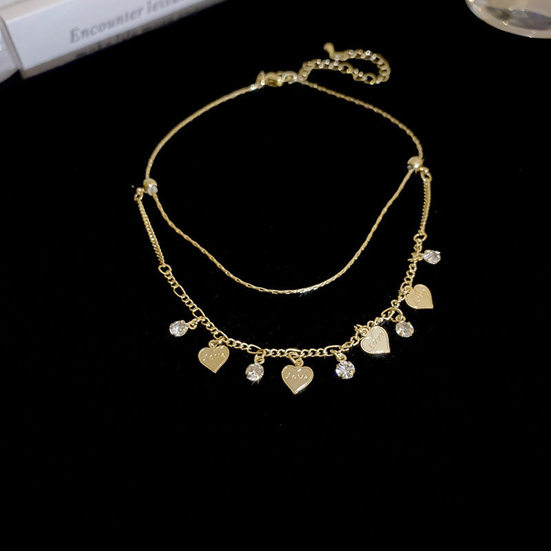 Double Layer Faux Diamond Heart Anklet
