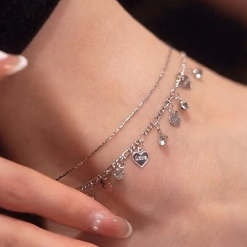 Double Layer Faux Diamond Heart Anklet