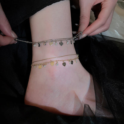Double Layer Faux Diamond Heart Anklet