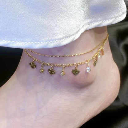 Double Layer Faux Diamond Heart Anklet