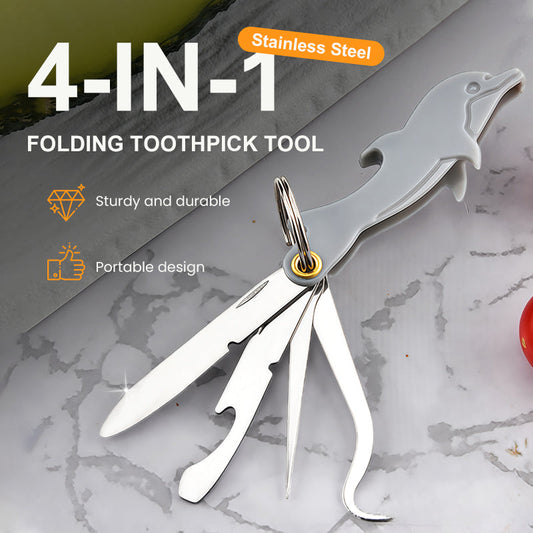 Herramienta Plegable de Acero Inoxidable 4 en 1 para Palillo de Dientes