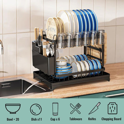 🔥 Escurridor de platos de 2 niveles, modelo de sobremesa, organizador de platos para el hogar, organizadores y almacenamiento de cocina, con rejilla de drenaje