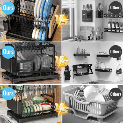 🔥 Escurridor de platos de 2 niveles, modelo de sobremesa, organizador de platos para el hogar, organizadores y almacenamiento de cocina, con rejilla de drenaje