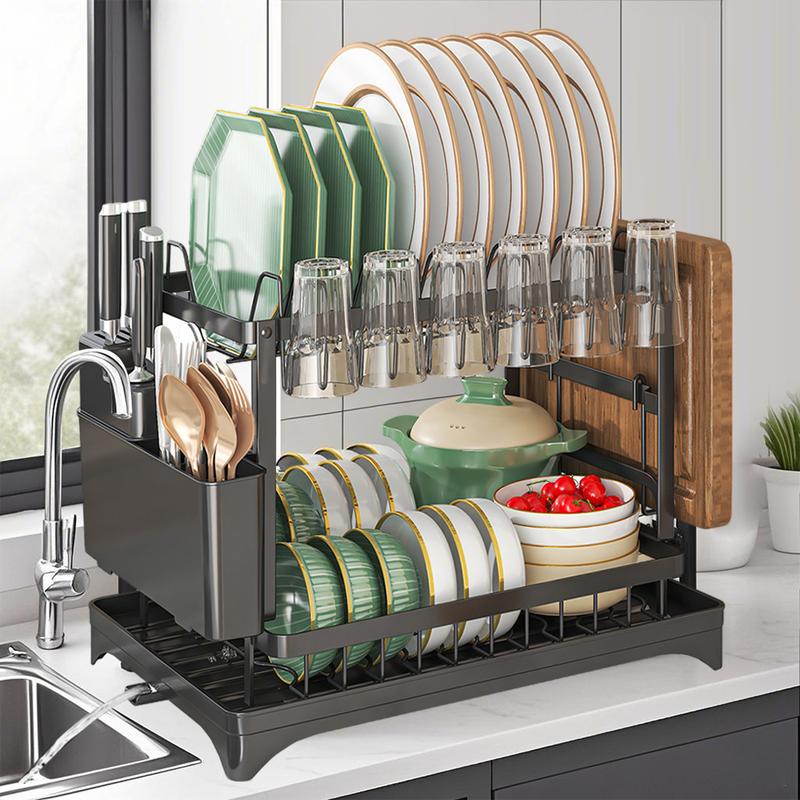 🔥 Escurridor de platos de 2 niveles, modelo de sobremesa, organizador de platos para el hogar, organizadores y almacenamiento de cocina, con rejilla de drenaje