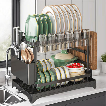 🔥 Escurridor de platos de 2 niveles, modelo de sobremesa, organizador de platos para el hogar, organizadores y almacenamiento de cocina, con rejilla de drenaje