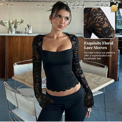 Top de Mujer con Cuello Cuadrado y Mangas de Encaje