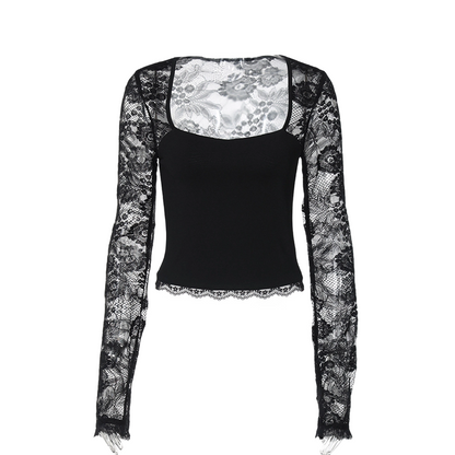Top de Mujer con Cuello Cuadrado y Mangas de Encaje