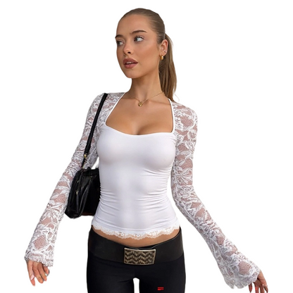 Top de Mujer con Cuello Cuadrado y Mangas de Encaje