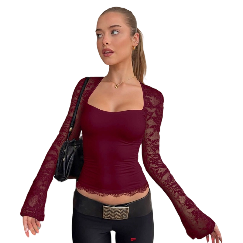 Top de Mujer con Cuello Cuadrado y Mangas de Encaje