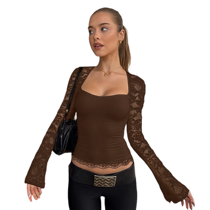 Top de Mujer con Cuello Cuadrado y Mangas de Encaje