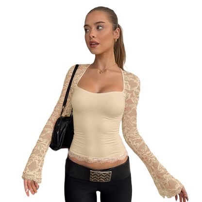 Top de Mujer con Cuello Cuadrado y Mangas de Encaje