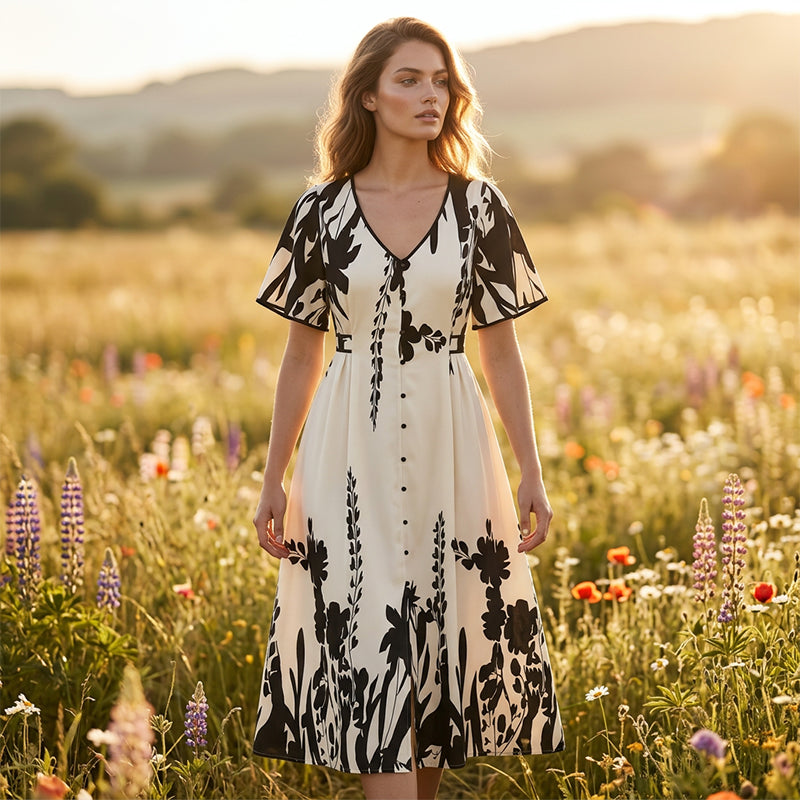 Vestido midi elegante con escote en V y estampado botánic