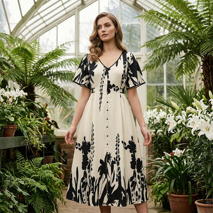 Vestido midi elegante con escote en V y estampado botánic