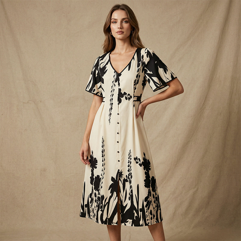 Vestido midi elegante con escote en V y estampado botánic