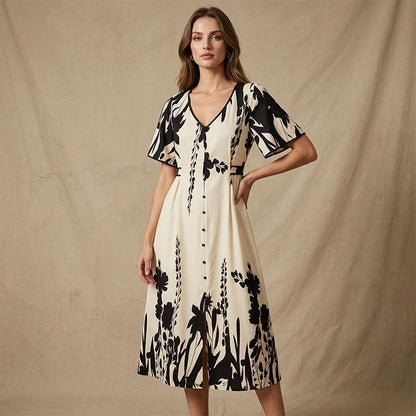 Vestido midi elegante con escote en V y estampado botánic