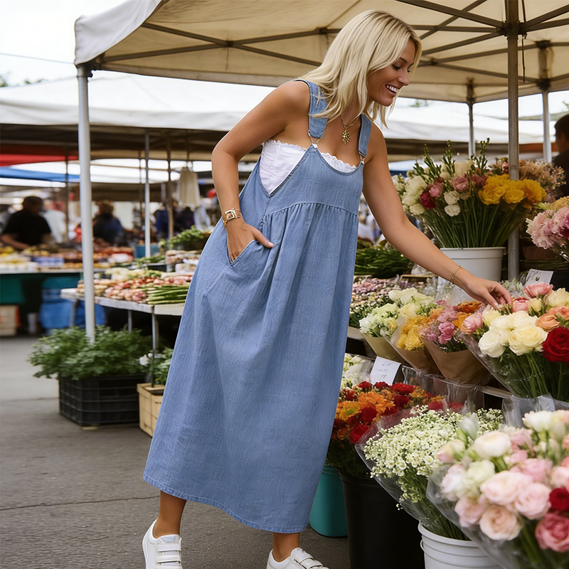 👗 ¡50% DE DESCUENTO AHORA! 🌸 Vestido tipo peto holgado casual para mujer – ajuste relajado, bolsillos laterales y tejido transpirable
