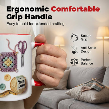 Taza de café de cerámica con motivos de ganchillo y punto