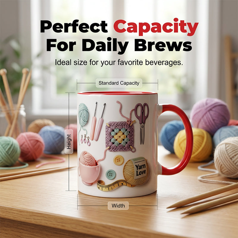 Taza de café de cerámica con motivos de ganchillo y punto