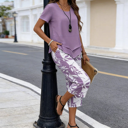 💙Conjunto informal de túnica en capas de escote redondo y pantalones de pierna ancha