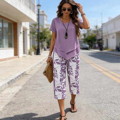 💙Conjunto informal de túnica en capas de escote redondo y pantalones de pierna ancha