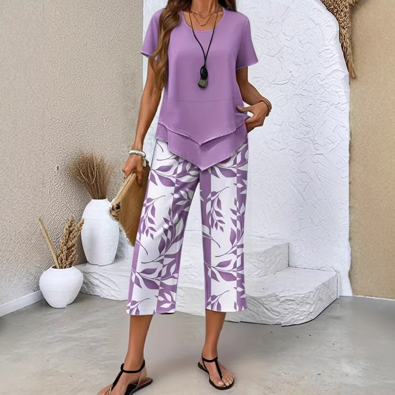 💙Conjunto informal de túnica en capas de escote redondo y pantalones de pierna ancha