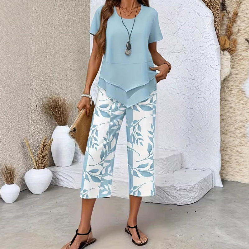 💙Conjunto informal de túnica en capas de escote redondo y pantalones de pierna ancha