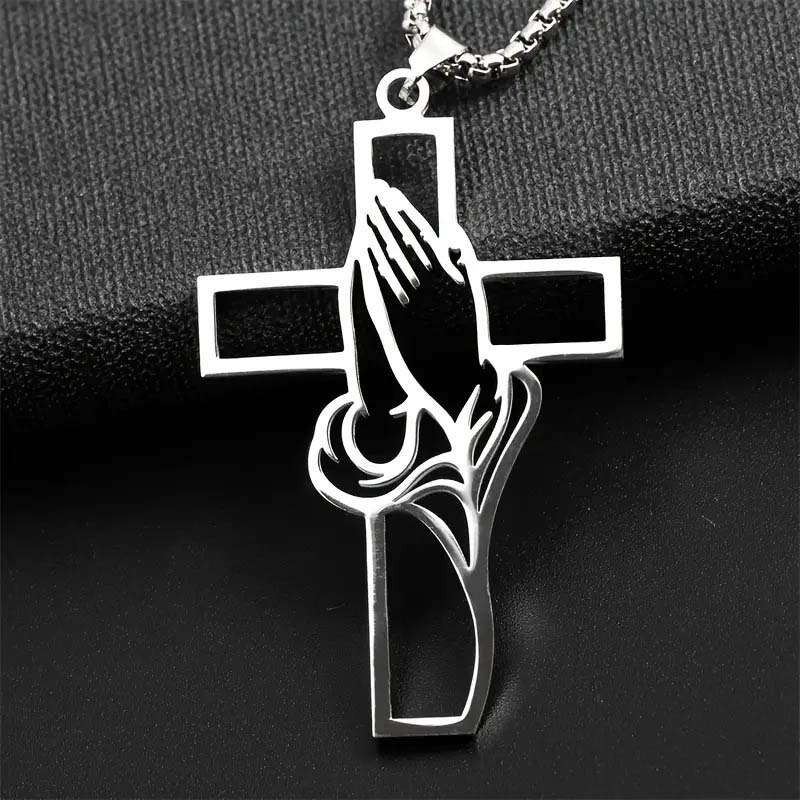 Men's Stainless Steel Praying Hands Cross Necklace