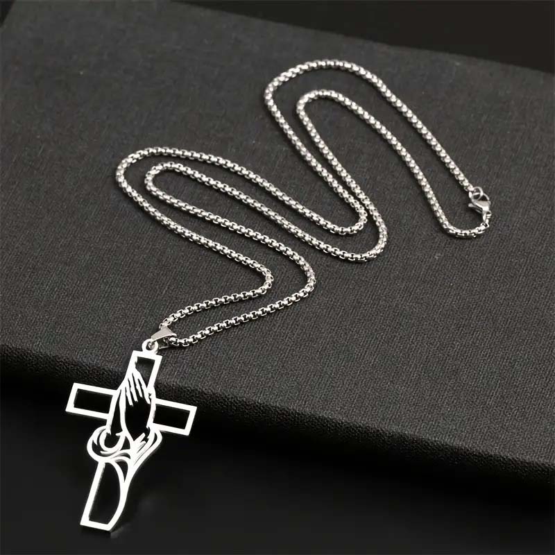 Men's Stainless Steel Praying Hands Cross Necklace