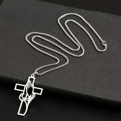 Men's Stainless Steel Praying Hands Cross Necklace