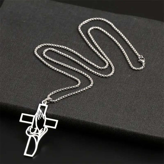 Men's Stainless Steel Praying Hands Cross Necklace