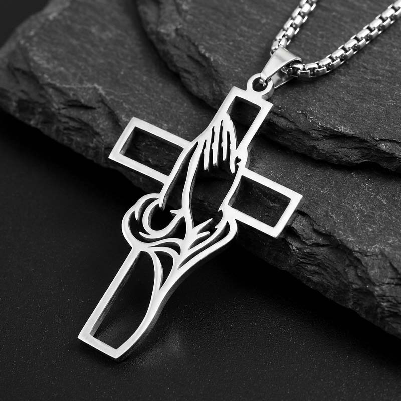 Men's Stainless Steel Praying Hands Cross Necklace