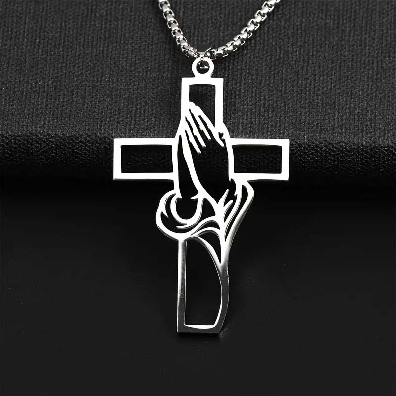 Men's Stainless Steel Praying Hands Cross Necklace