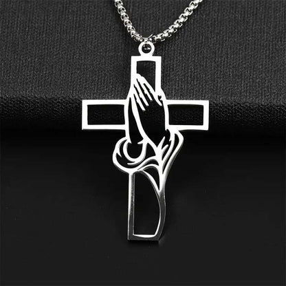 Men's Stainless Steel Praying Hands Cross Necklace