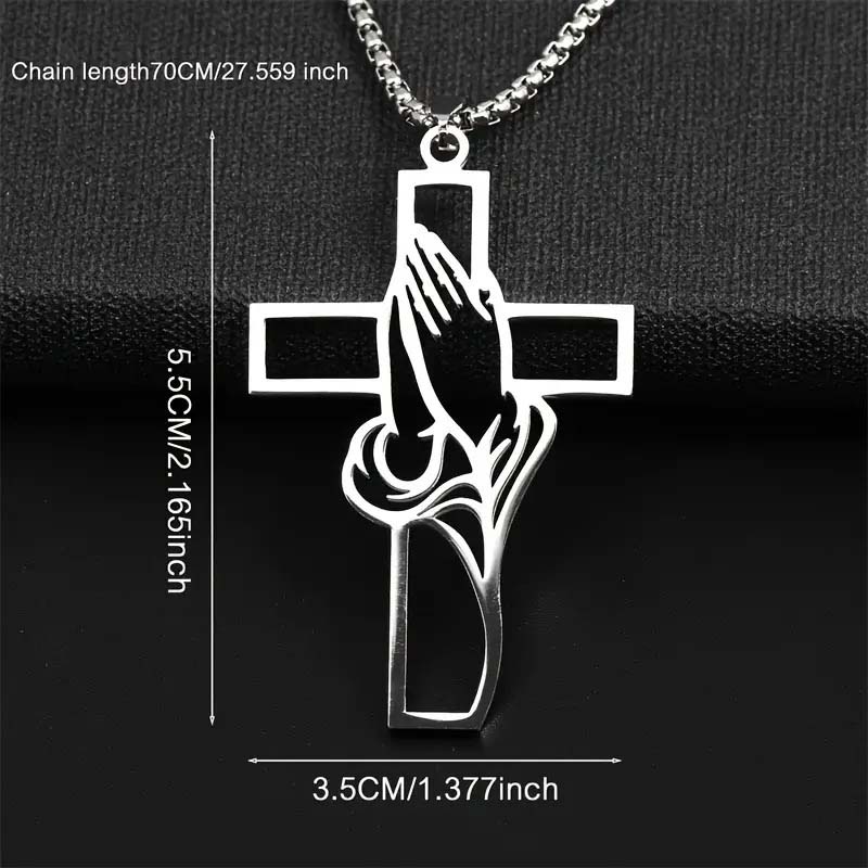 Men's Stainless Steel Praying Hands Cross Necklace